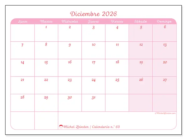 Calendario de diciembre de 2026 para imprimir - Organización en suavidad