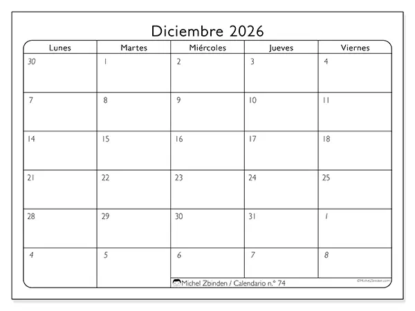 Calendario de diciembre de 2026 para imprimir - Organización del trabajo