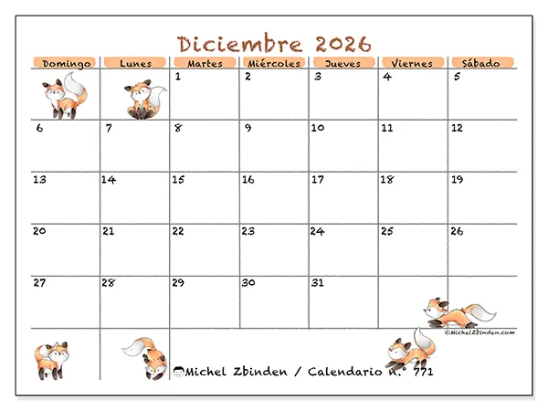 Calendario de diciembre de 2026 para imprimir - Dibujos de zorros - Semana de domingo a sábado