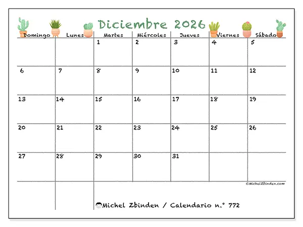 Calendario de diciembre de 2026 para imprimir - Cactus decorativos - Semana de domingo a sábado