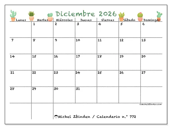 Calendario de diciembre de 2026 para imprimir - Cactus decorativos