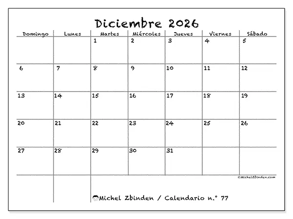Calendario de diciembre de 2026 para imprimir - Escuela y familia - Semana de domingo a sábado