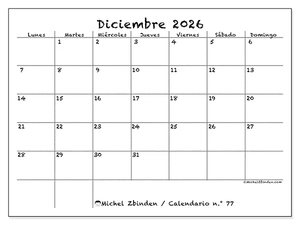 Calendario de diciembre de 2026 para imprimir - Escuela y familia