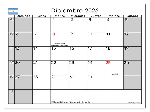 Calendario de diciembre de 2026 para imprimir - Argentina