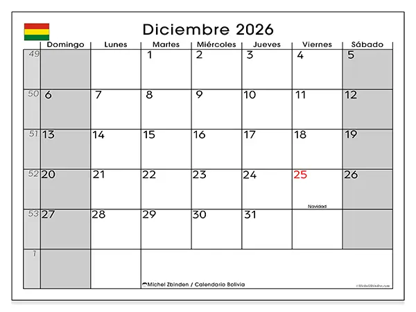 Calendario de diciembre de 2026 para imprimir - Bolivia