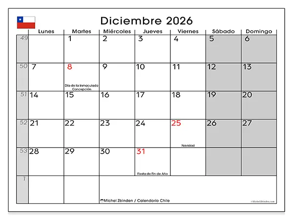 Calendario de diciembre de 2026 para imprimir - Chile