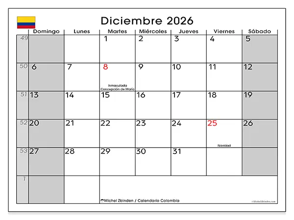 Calendario de diciembre de 2026 para imprimir - Colombia