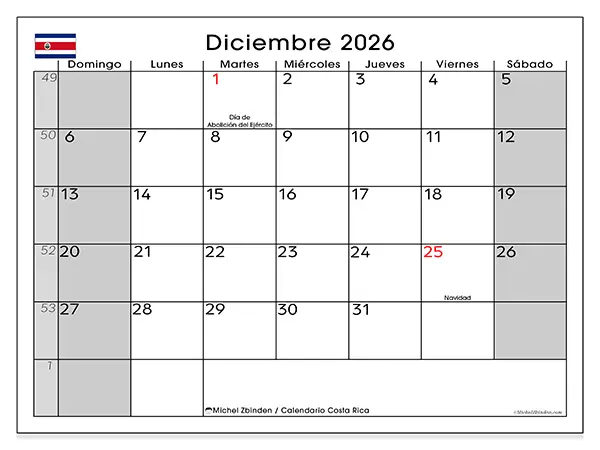 Calendario de diciembre de 2026 para imprimir - Costa Rica