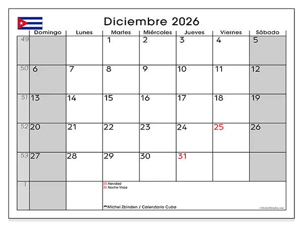 Calendario de diciembre de 2026 para imprimir - Cuba