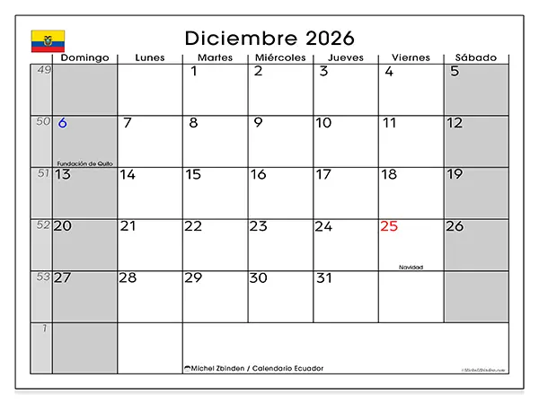 Calendario de diciembre de 2026 para imprimir - Ecuador