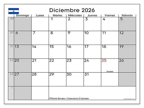 Calendario de diciembre de 2026 para imprimir - El Salvador