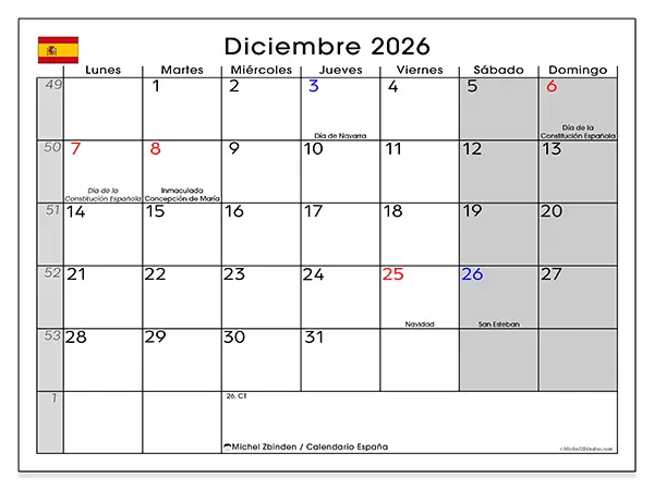 Calendario de diciembre de 2026 para imprimir - España