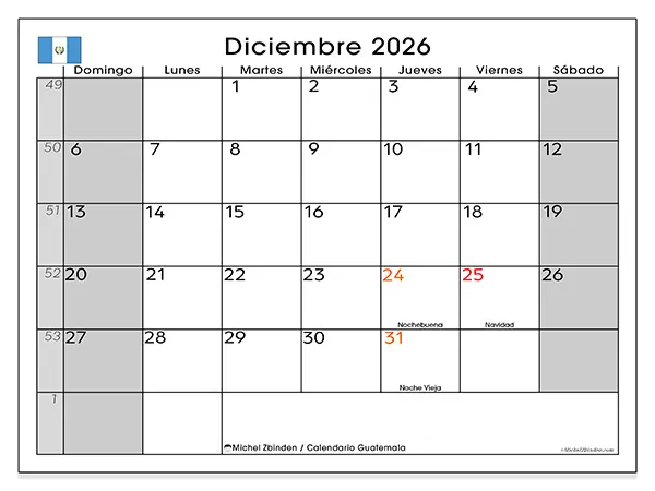 Calendario de diciembre de 2026 para imprimir - Guatemala