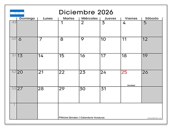 Calendario de diciembre de 2026 para imprimir - Honduras