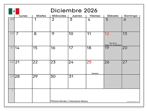 Calendario de diciembre de 2026 para imprimir - México