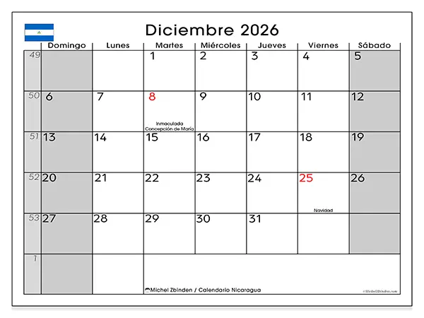 Calendario de diciembre de 2026 para imprimir - Nicaragua