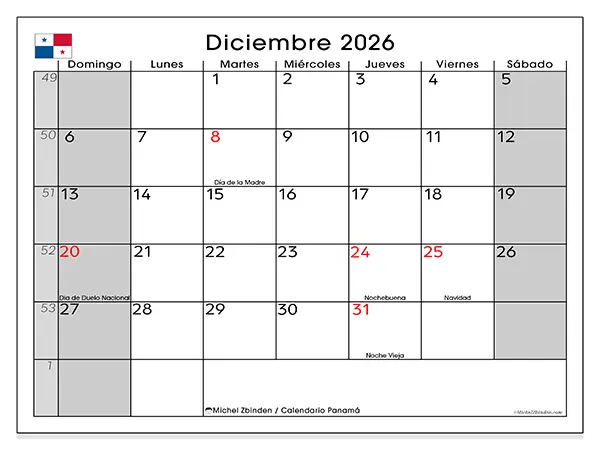 Calendario de diciembre de 2026 para imprimir - Panamá