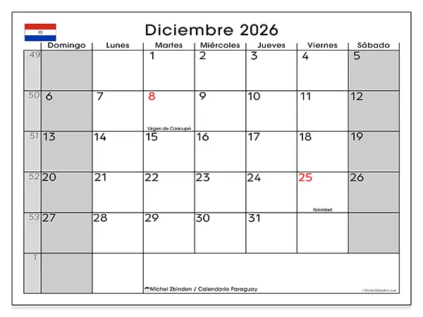 Calendario de diciembre de 2026 para imprimir - Paraguay