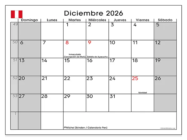 Calendario de diciembre de 2026 para imprimir - Perú