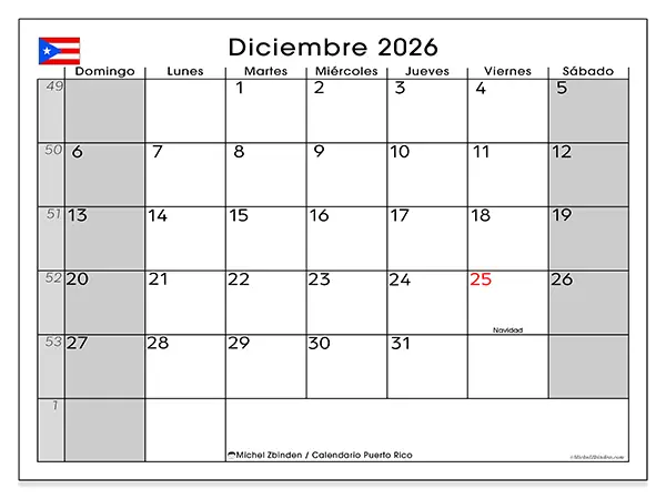 Calendario de diciembre de 2026 para imprimir - Puerto Rico
