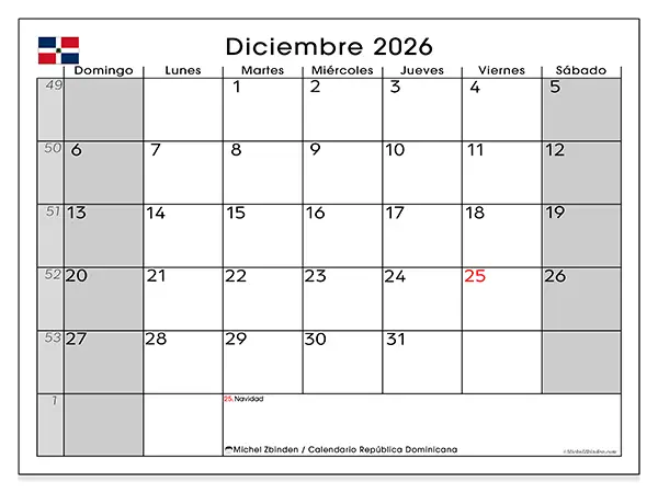 Calendario de diciembre de 2026 para imprimir - República Dominicana