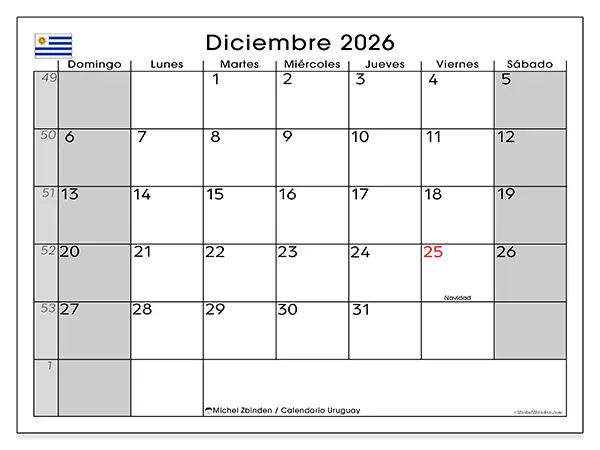 Calendario de diciembre de 2026 para imprimir - Uruguay