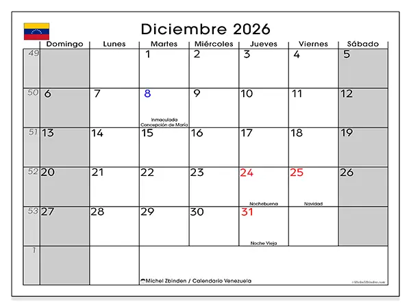 Calendario de diciembre de 2026 para imprimir - Venezuela