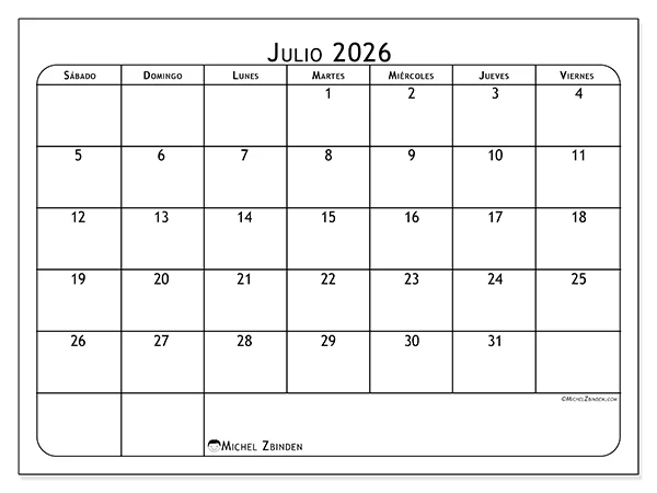 Calendario de julio de 2026 para imprimir - Pasión por el fútbol - Semana de domingo a sábado