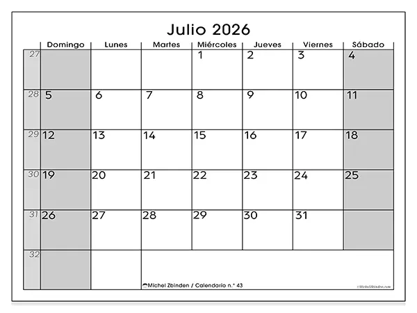Calendario de julio de 2026 para imprimir - Organización perfecta - Semana de domingo a sábado