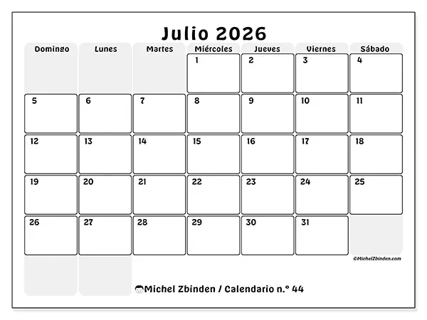 Calendario de julio de 2026 para imprimir - Planificación estructurada - Semana de domingo a sábado
