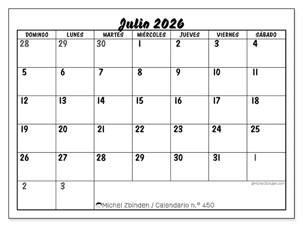 Calendario de julio de 2026 para imprimir - Organización detallada - Semana de domingo a sábado