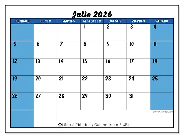 Calendario de julio de 2026 para imprimir - Organización dinámica - Semana de domingo a sábado
