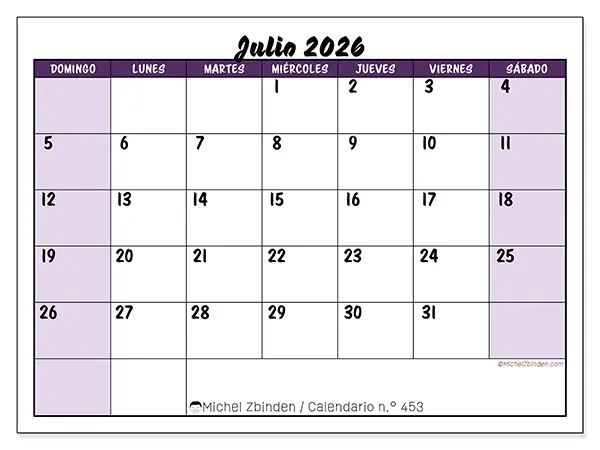 Calendario de julio de 2026 para imprimir - Eficiencia colorida - Semana de domingo a sábado