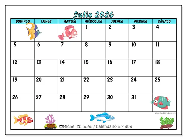 Calendario de julio de 2026 para imprimir - Peces coloridos - Semana de domingo a sábado