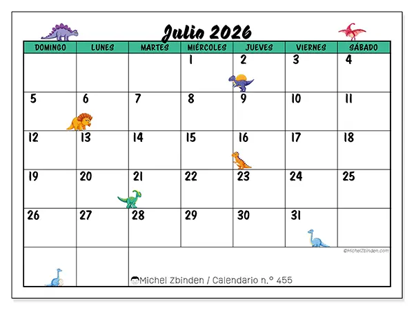 Calendario de julio de 2026 para imprimir - Pequeños dinosaurios - Semana de domingo a sábado