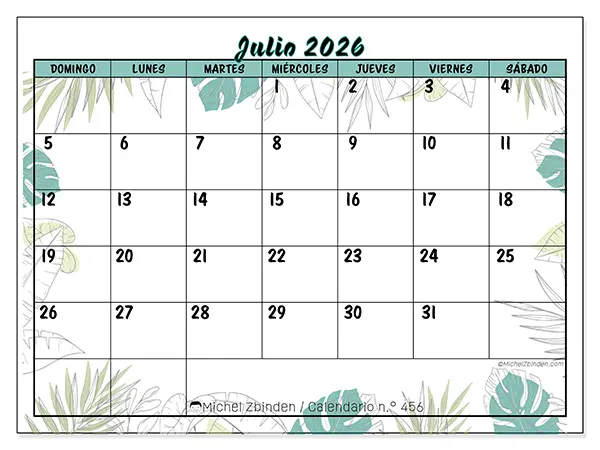 Calendario de julio de 2026 para imprimir - Naturaleza y jardín - Semana de domingo a sábado