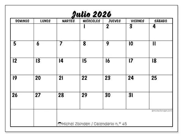 Calendario de julio de 2026 para imprimir - Éxito escolar - Semana de domingo a sábado
