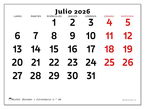 Calendario de julio de 2026 para imprimir - Visión clara