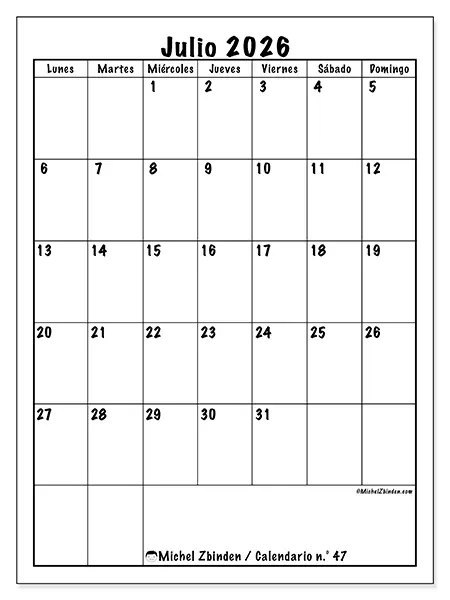 Calendario de julio de 2026 para imprimir - Planificación eficiente