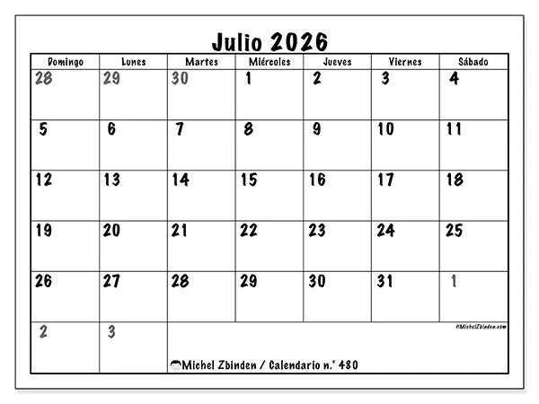 Calendario de julio de 2026 para imprimir - Planificación completa - Semana de domingo a sábado