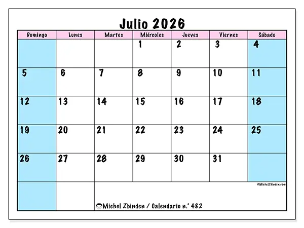 Calendario de julio de 2026 para imprimir - Horario de equipo - Semana de domingo a sábado