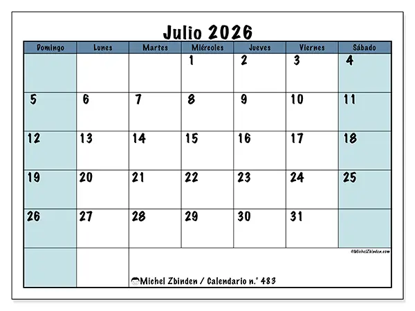 Calendario de julio de 2026 para imprimir - Estructura para la escuela - Semana de domingo a sábado