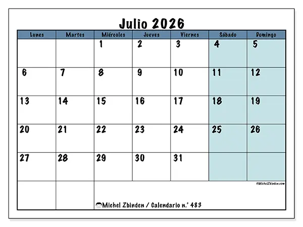 Calendario de julio de 2026 para imprimir - Estructura para la escuela