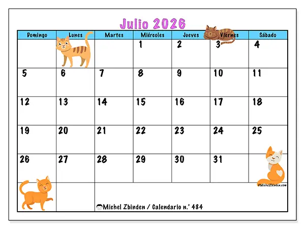 Calendario de julio de 2026 para imprimir - Amor por los gatos - Semana de domingo a sábado