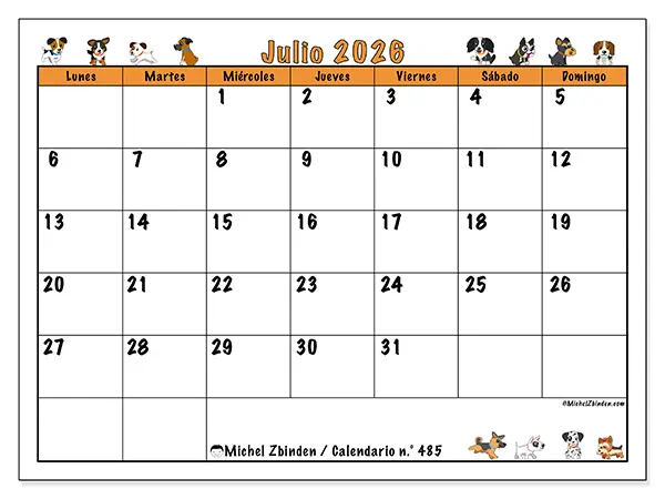 Calendario de julio de 2026 para imprimir - Perros entusiastas