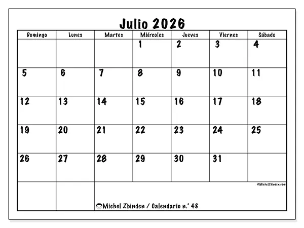 Calendario de julio de 2026 para imprimir - Eficiencia diaria - Semana de domingo a sábado