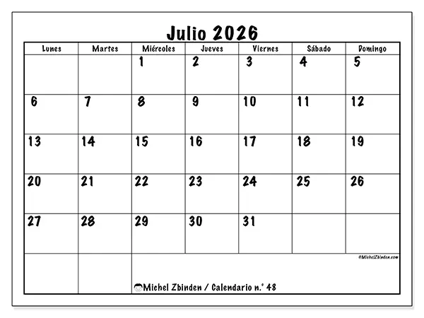 Calendario de julio de 2026 para imprimir - Eficiencia diaria