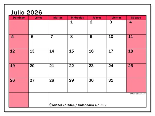 Calendario de julio de 2026 para imprimir - Gestión luminosa - Semana de domingo a sábado