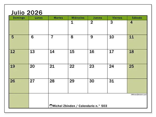 Calendario de julio de 2026 para imprimir - Organización viva - Semana de domingo a sábado
