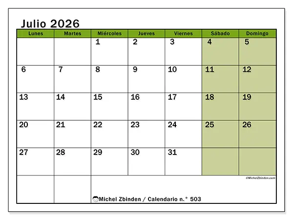 Calendario de julio de 2026 para imprimir - Organización viva